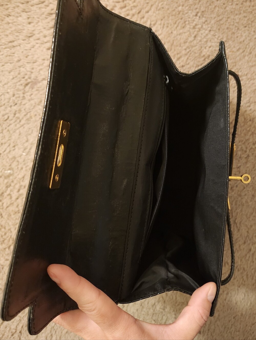Large Glossy Black Croc-Embossed Top-Handle Bag - Picture 13 of 13